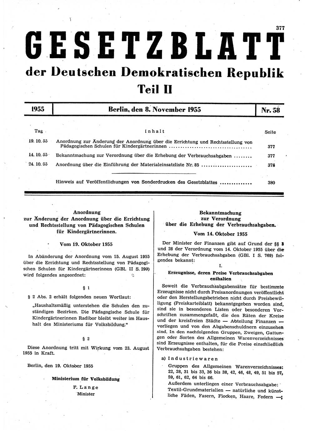 Gesetzblatt (GBl.) der Deutschen Demokratischen Republik (DDR) Teil ⅠⅠ 1955, Seite 377 (GBl. DDR ⅠⅠ 1955, S. 377)