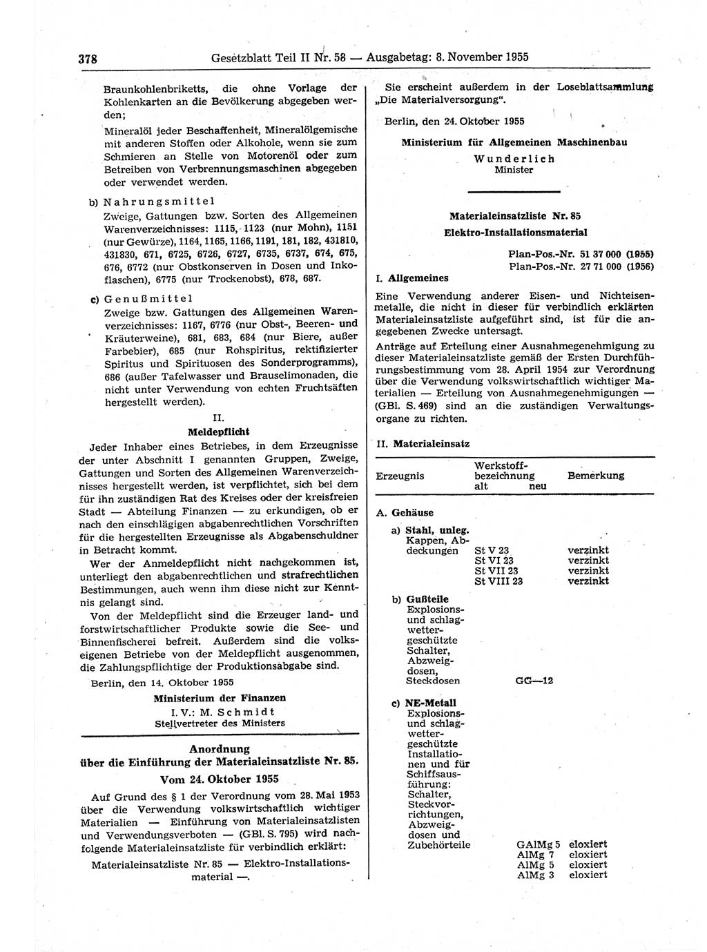 Gesetzblatt (GBl.) der Deutschen Demokratischen Republik (DDR) Teil ⅠⅠ 1955, Seite 378 (GBl. DDR ⅠⅠ 1955, S. 378)