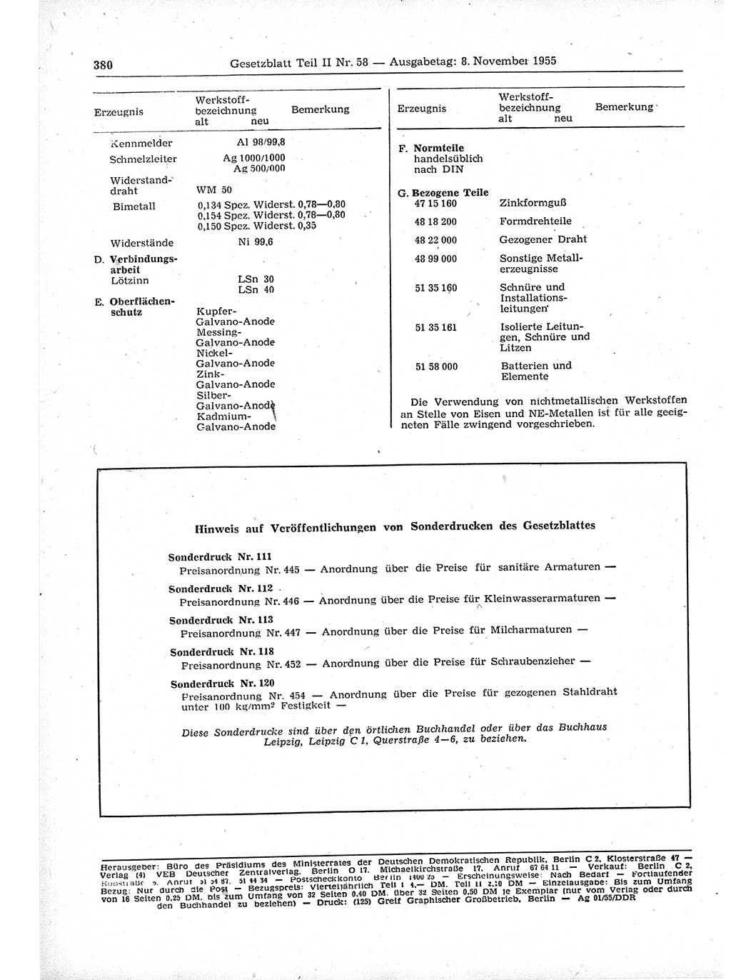 Gesetzblatt (GBl.) der Deutschen Demokratischen Republik (DDR) Teil ⅠⅠ 1955, Seite 380 (GBl. DDR ⅠⅠ 1955, S. 380)