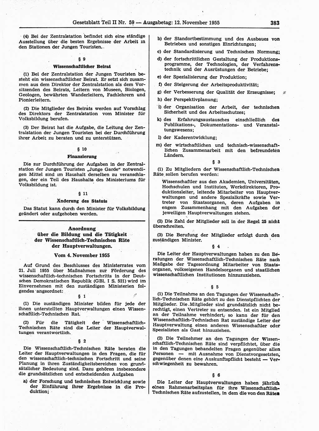 Gesetzblatt (GBl.) der Deutschen Demokratischen Republik (DDR) Teil ⅠⅠ 1955, Seite 383 (GBl. DDR ⅠⅠ 1955, S. 383)