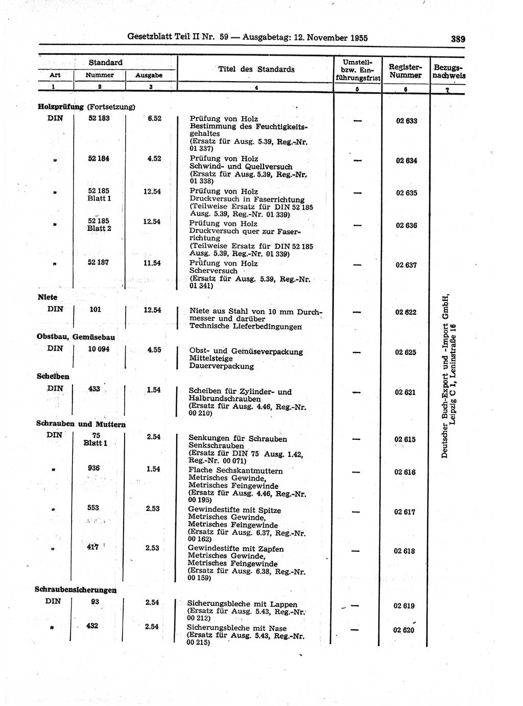Gesetzblatt (GBl.) der Deutschen Demokratischen Republik (DDR) Teil ⅠⅠ 1955, Seite 389 (GBl. DDR ⅠⅠ 1955, S. 389)