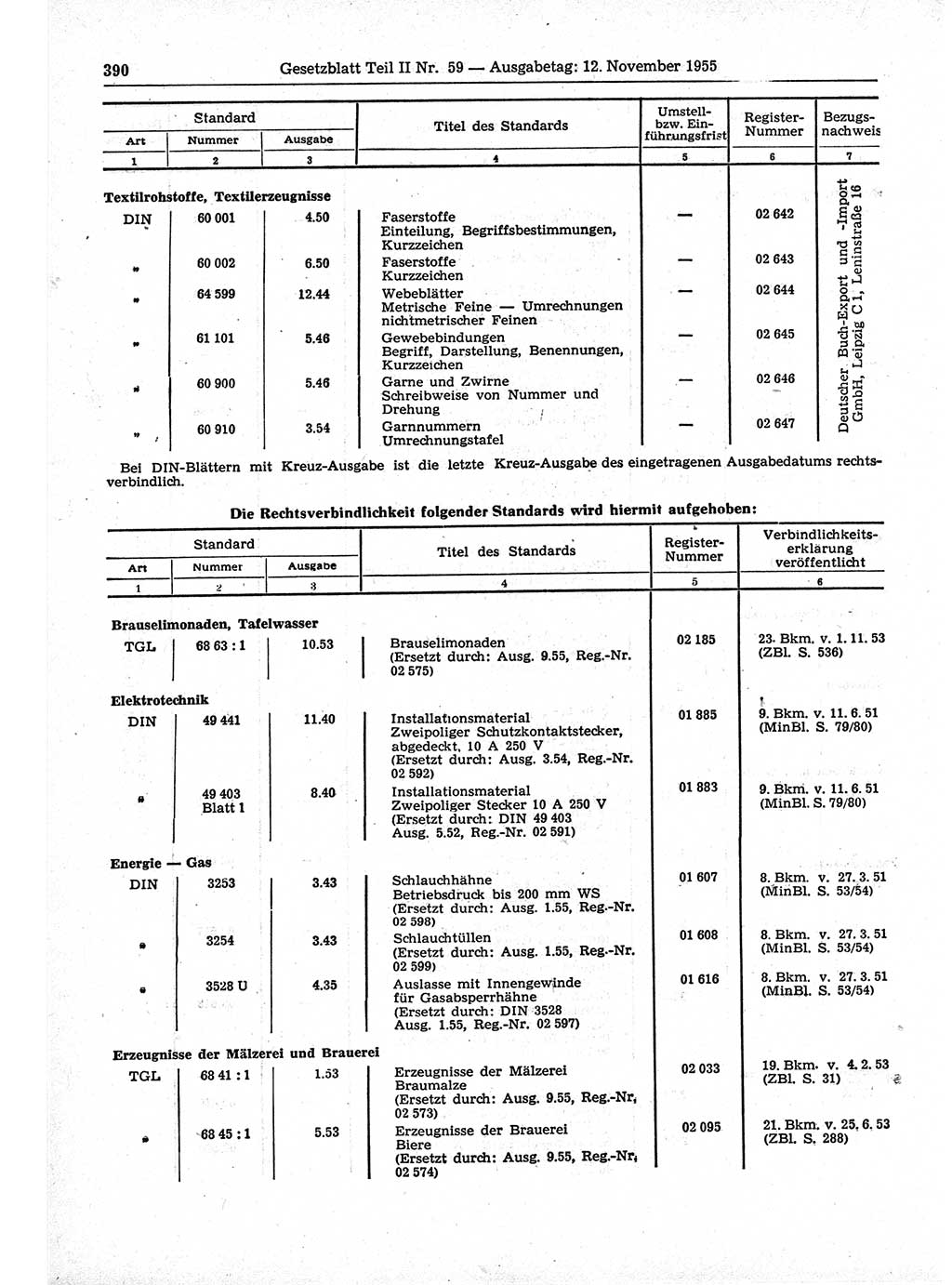 Gesetzblatt (GBl.) der Deutschen Demokratischen Republik (DDR) Teil ⅠⅠ 1955, Seite 390 (GBl. DDR ⅠⅠ 1955, S. 390)