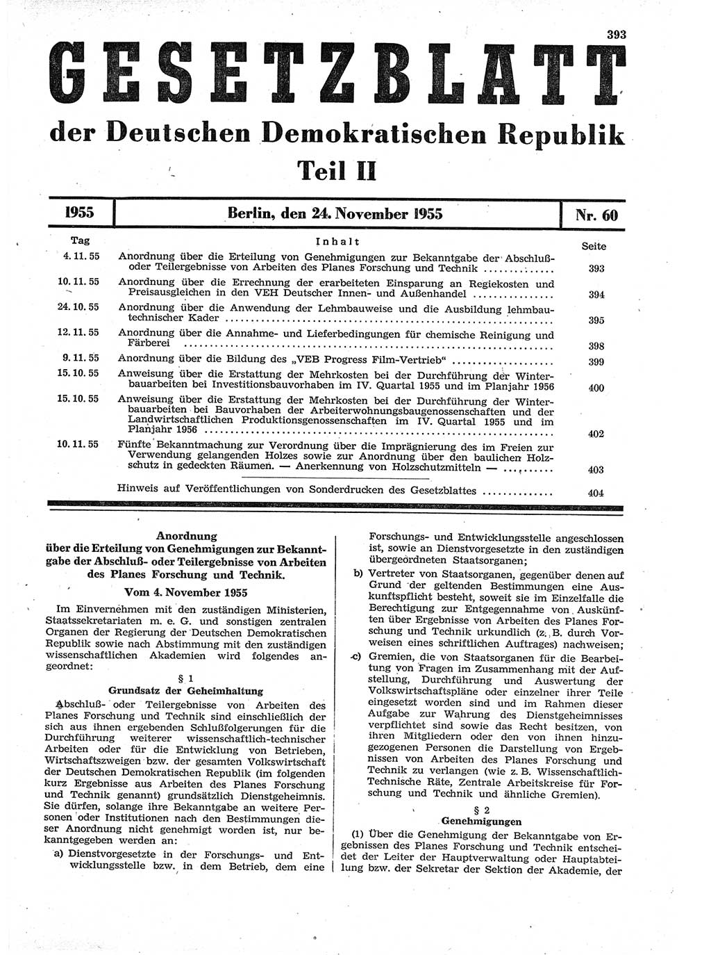 Gesetzblatt (GBl.) der Deutschen Demokratischen Republik (DDR) Teil ⅠⅠ 1955, Seite 393 (GBl. DDR ⅠⅠ 1955, S. 393)