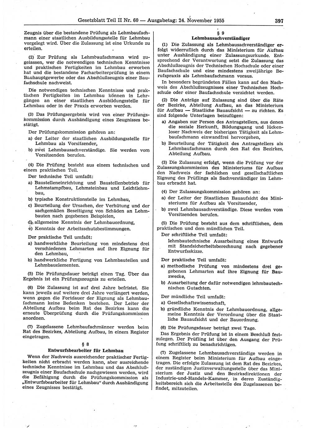 Gesetzblatt (GBl.) der Deutschen Demokratischen Republik (DDR) Teil ⅠⅠ 1955, Seite 397 (GBl. DDR ⅠⅠ 1955, S. 397)