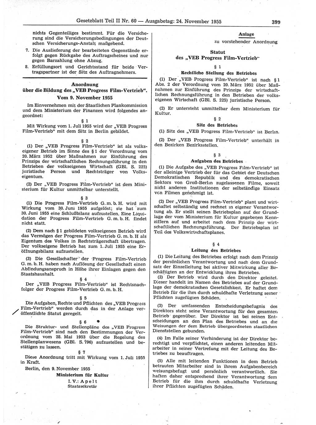 Gesetzblatt (GBl.) der Deutschen Demokratischen Republik (DDR) Teil ⅠⅠ 1955, Seite 399 (GBl. DDR ⅠⅠ 1955, S. 399)