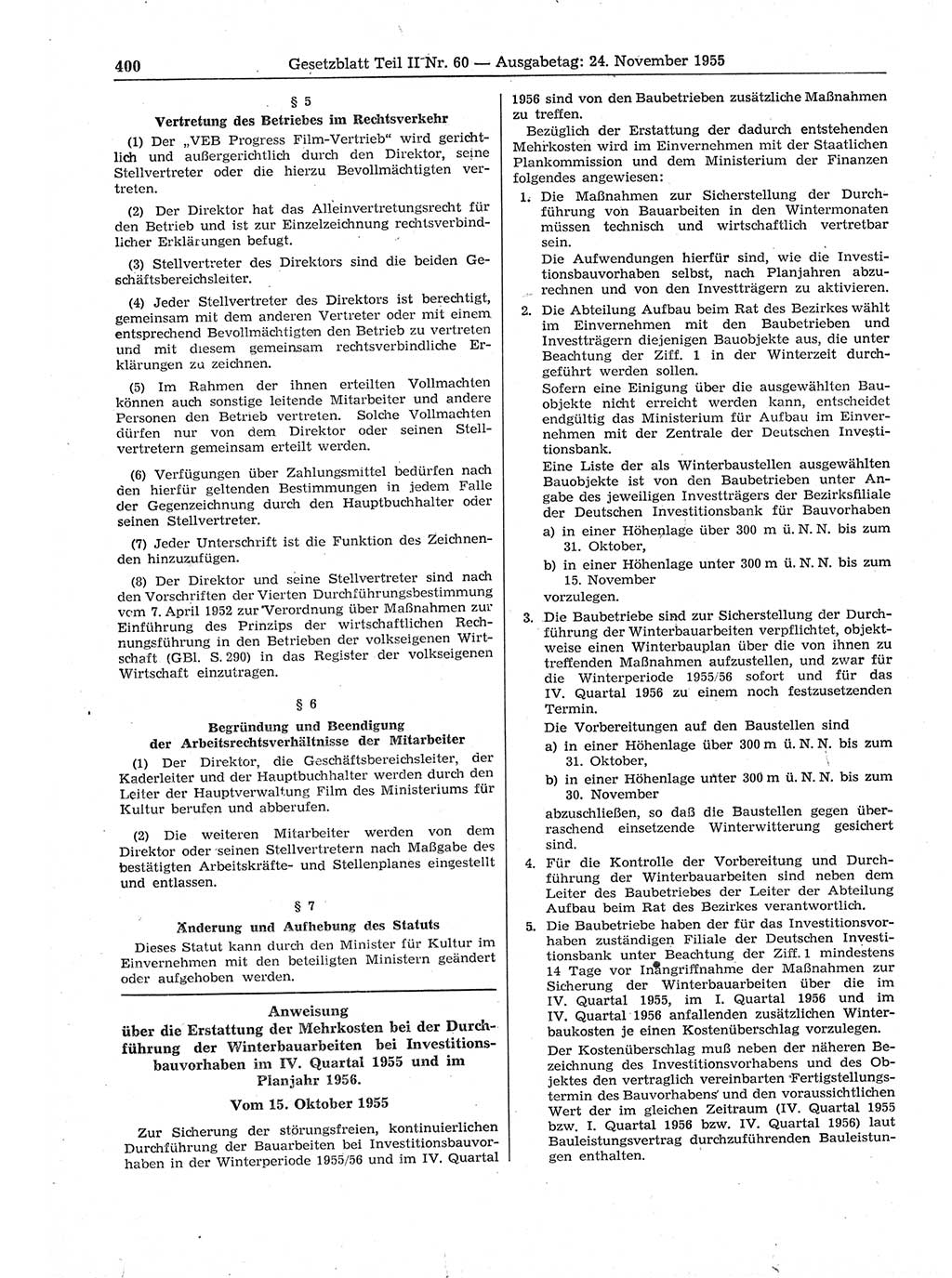 Gesetzblatt (GBl.) der Deutschen Demokratischen Republik (DDR) Teil ⅠⅠ 1955, Seite 400 (GBl. DDR ⅠⅠ 1955, S. 400)