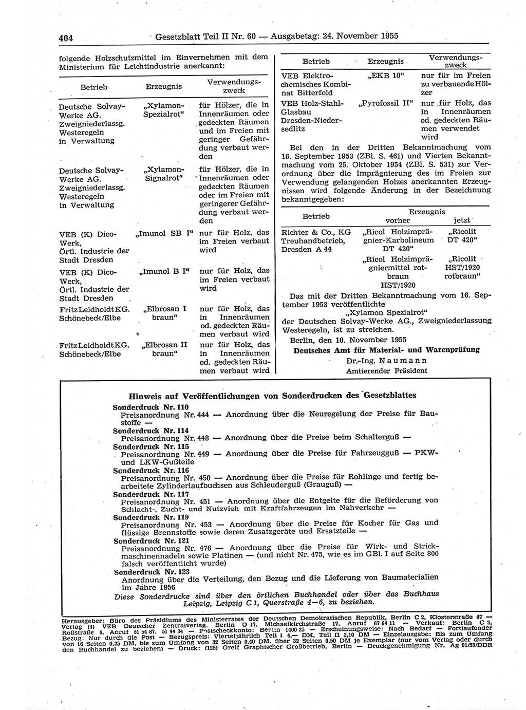 Gesetzblatt (GBl.) der Deutschen Demokratischen Republik (DDR) Teil ⅠⅠ 1955, Seite 404 (GBl. DDR ⅠⅠ 1955, S. 404)