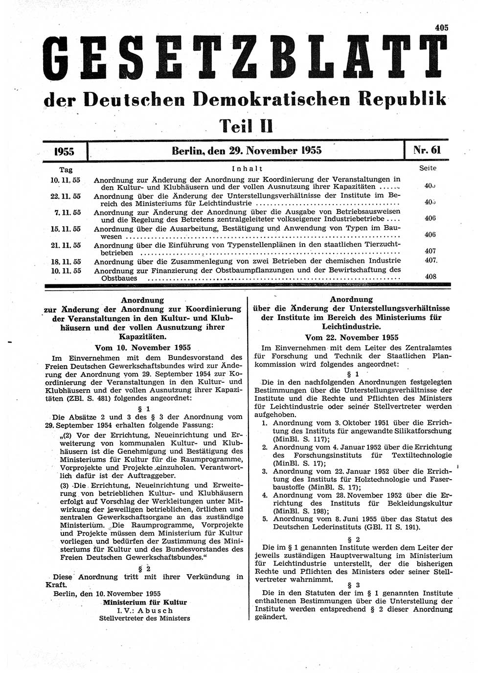Gesetzblatt (GBl.) der Deutschen Demokratischen Republik (DDR) Teil ⅠⅠ 1955, Seite 405 (GBl. DDR ⅠⅠ 1955, S. 405)