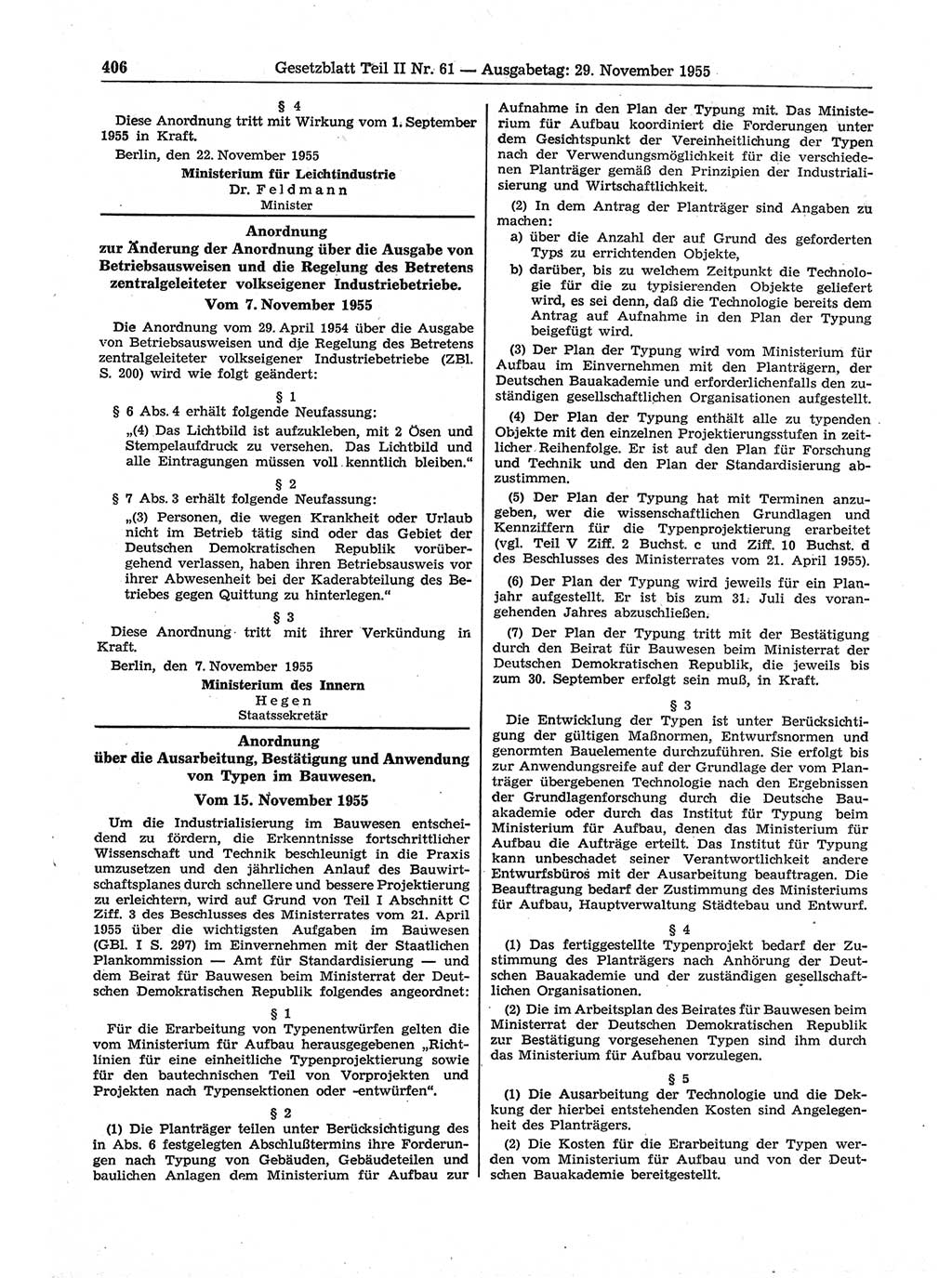 Gesetzblatt (GBl.) der Deutschen Demokratischen Republik (DDR) Teil ⅠⅠ 1955, Seite 406 (GBl. DDR ⅠⅠ 1955, S. 406)