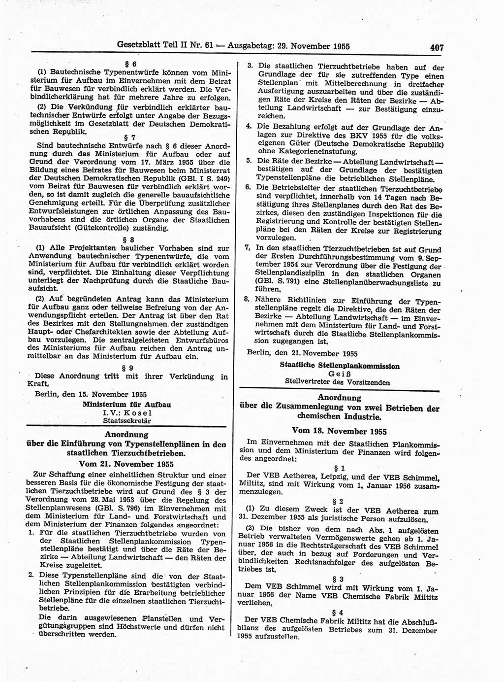 Gesetzblatt (GBl.) der Deutschen Demokratischen Republik (DDR) Teil ⅠⅠ 1955, Seite 407 (GBl. DDR ⅠⅠ 1955, S. 407)