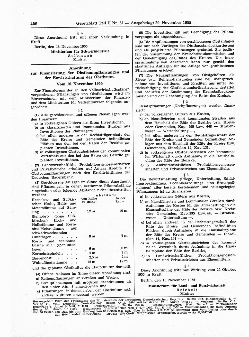 Gesetzblatt (GBl.) der Deutschen Demokratischen Republik (DDR) Teil ⅠⅠ 1955, Seite 408 (GBl. DDR ⅠⅠ 1955, S. 408)
