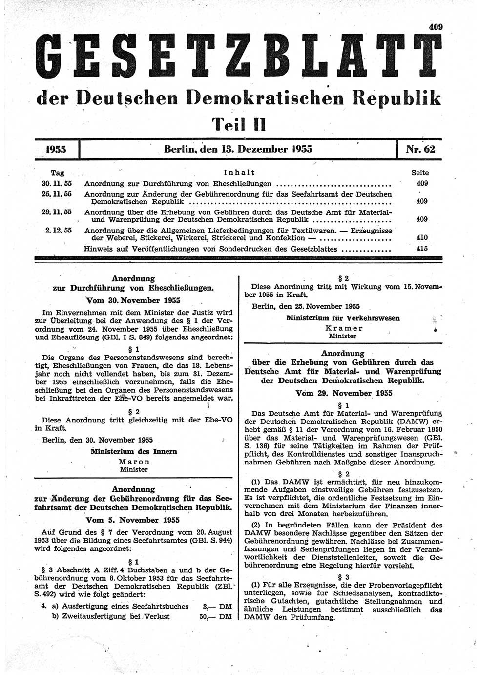 Gesetzblatt (GBl.) der Deutschen Demokratischen Republik (DDR) Teil ⅠⅠ 1955, Seite 409 (GBl. DDR ⅠⅠ 1955, S. 409)