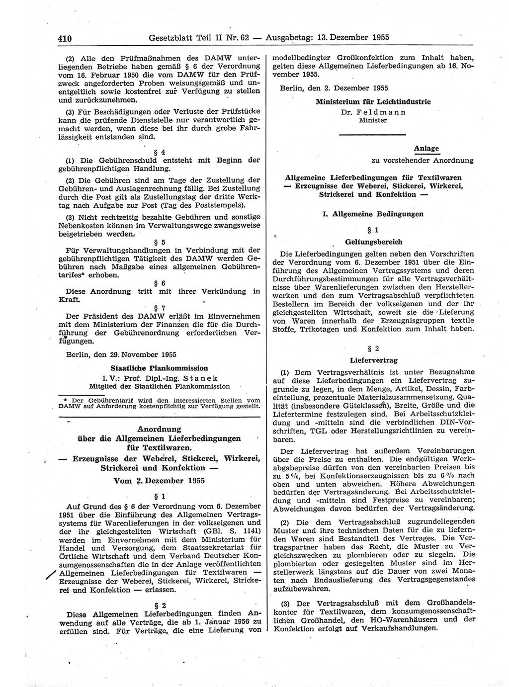 Gesetzblatt (GBl.) der Deutschen Demokratischen Republik (DDR) Teil ⅠⅠ 1955, Seite 410 (GBl. DDR ⅠⅠ 1955, S. 410)