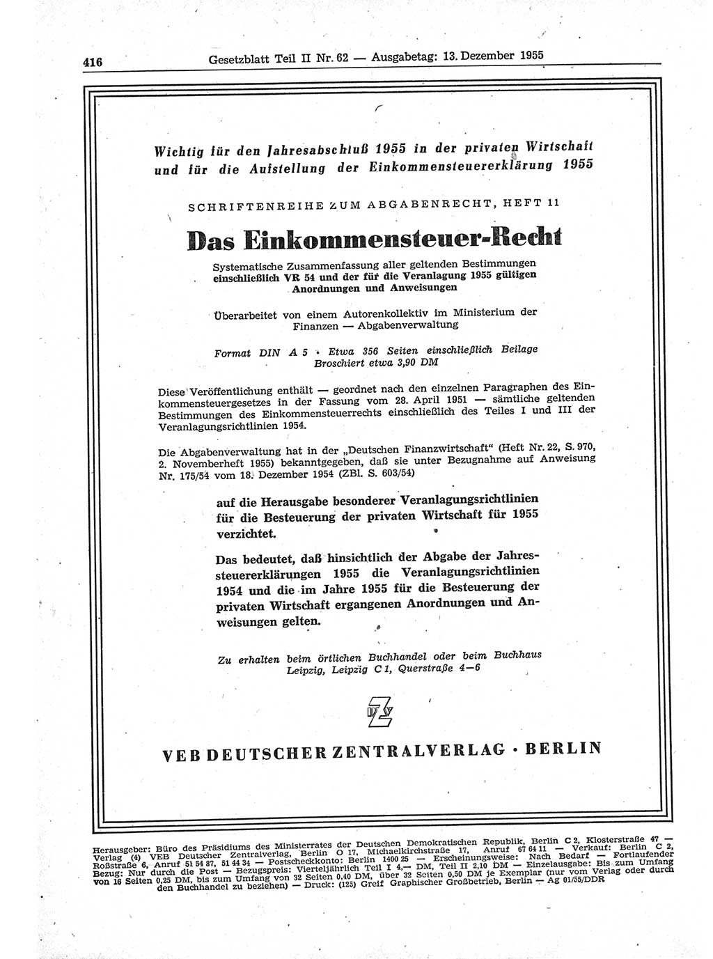 Gesetzblatt (GBl.) der Deutschen Demokratischen Republik (DDR) Teil ⅠⅠ 1955, Seite 416 (GBl. DDR ⅠⅠ 1955, S. 416)