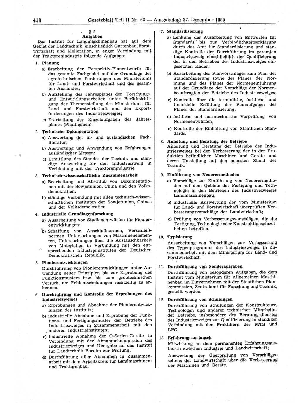 Gesetzblatt (GBl.) der Deutschen Demokratischen Republik (DDR) Teil ⅠⅠ 1955, Seite 418 (GBl. DDR ⅠⅠ 1955, S. 418)