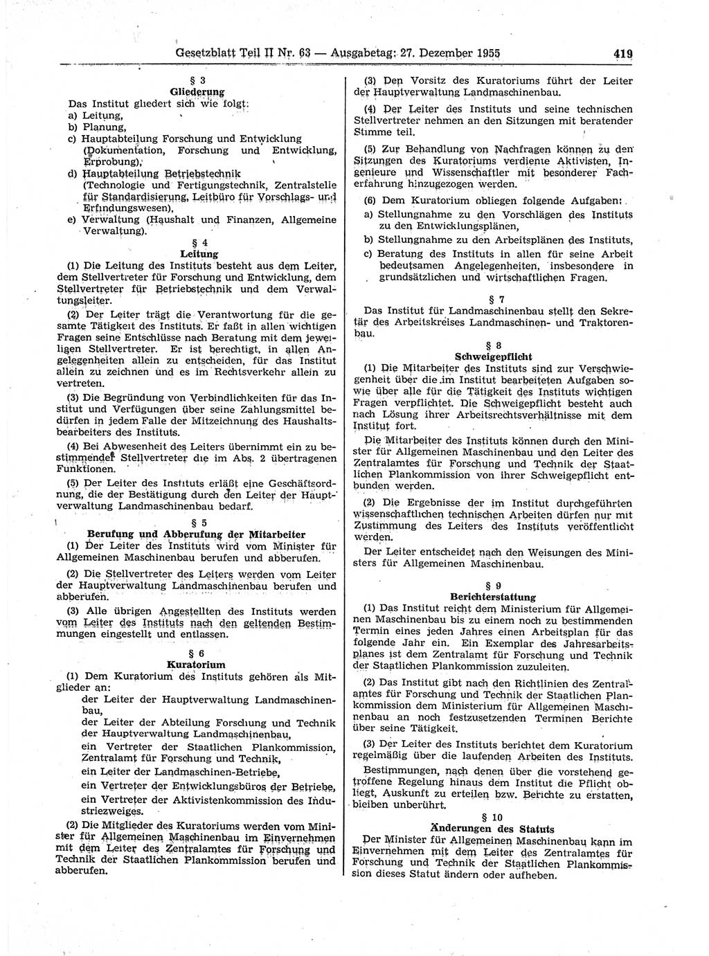 Gesetzblatt (GBl.) der Deutschen Demokratischen Republik (DDR) Teil ⅠⅠ 1955, Seite 419 (GBl. DDR ⅠⅠ 1955, S. 419)