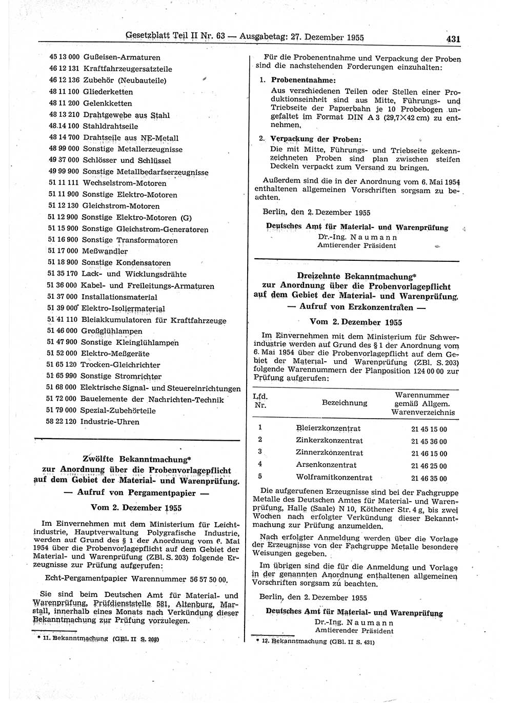 Gesetzblatt (GBl.) der Deutschen Demokratischen Republik (DDR) Teil ⅠⅠ 1955, Seite 431 (GBl. DDR ⅠⅠ 1955, S. 431)