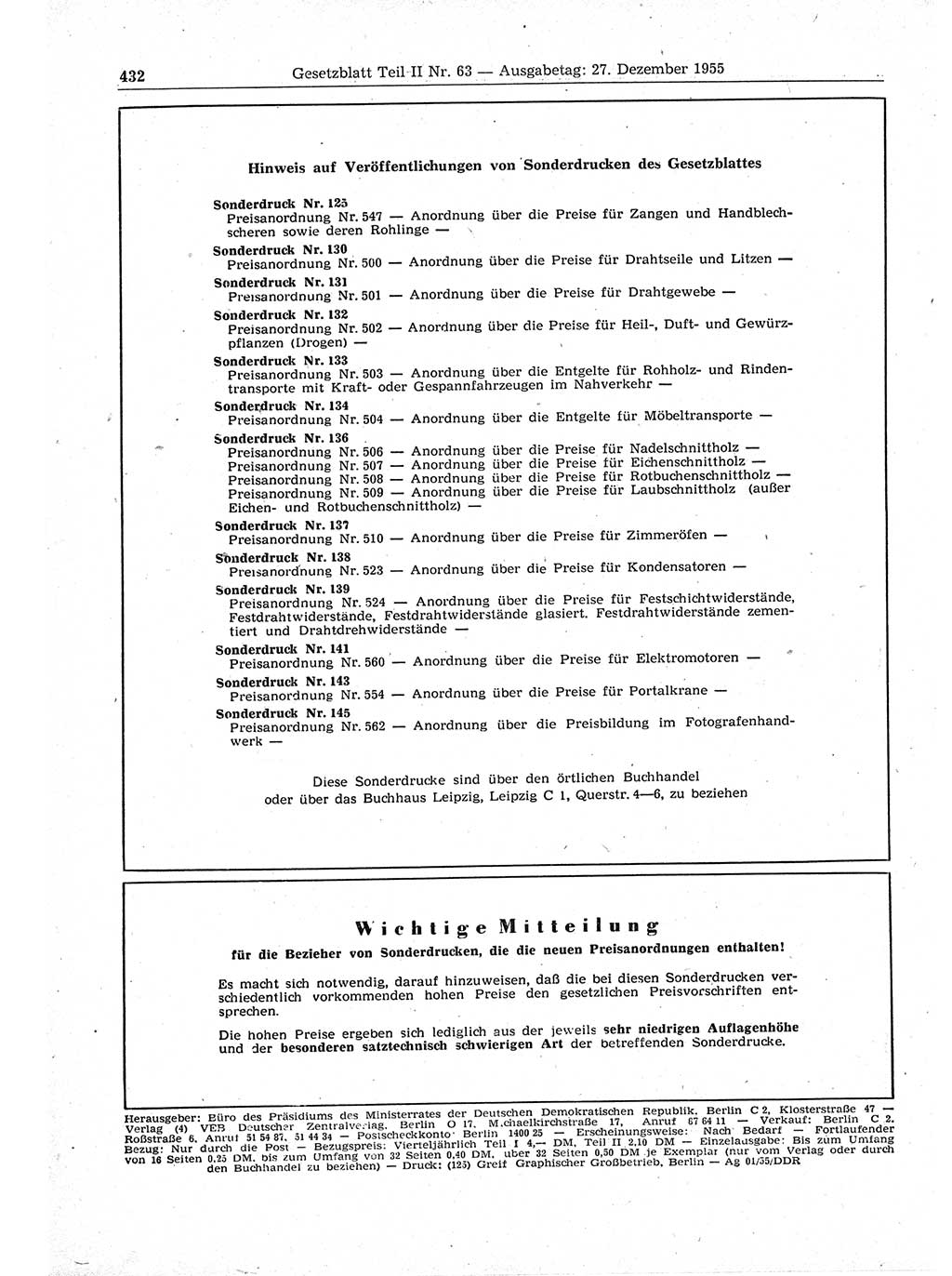 Gesetzblatt (GBl.) der Deutschen Demokratischen Republik (DDR) Teil ⅠⅠ 1955, Seite 432 (GBl. DDR ⅠⅠ 1955, S. 432)