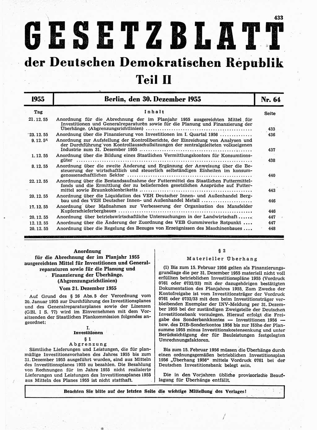 Gesetzblatt (GBl.) der Deutschen Demokratischen Republik (DDR) Teil ⅠⅠ 1955, Seite 433 (GBl. DDR ⅠⅠ 1955, S. 433)