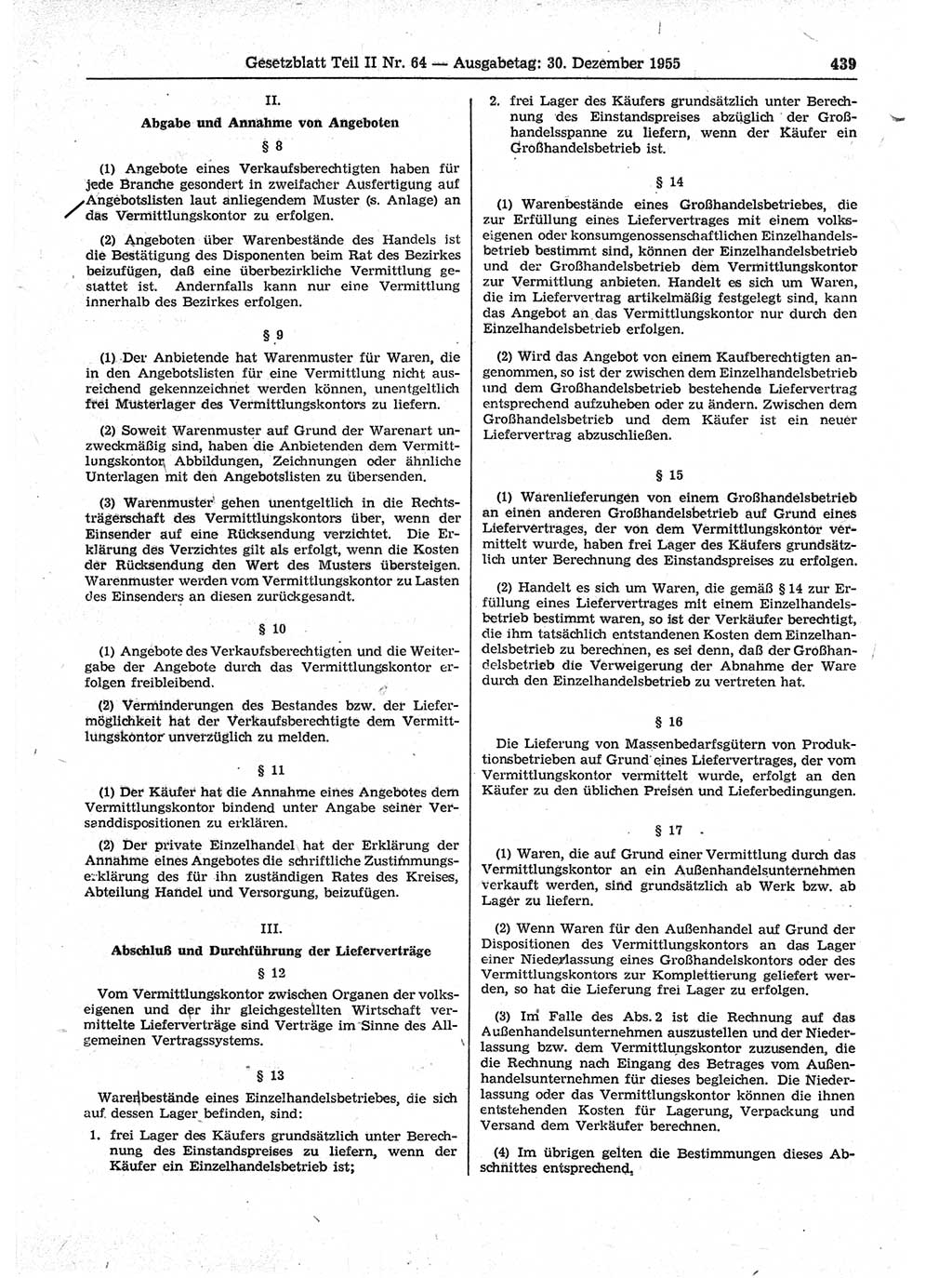 Gesetzblatt (GBl.) der Deutschen Demokratischen Republik (DDR) Teil ⅠⅠ 1955, Seite 439 (GBl. DDR ⅠⅠ 1955, S. 439)