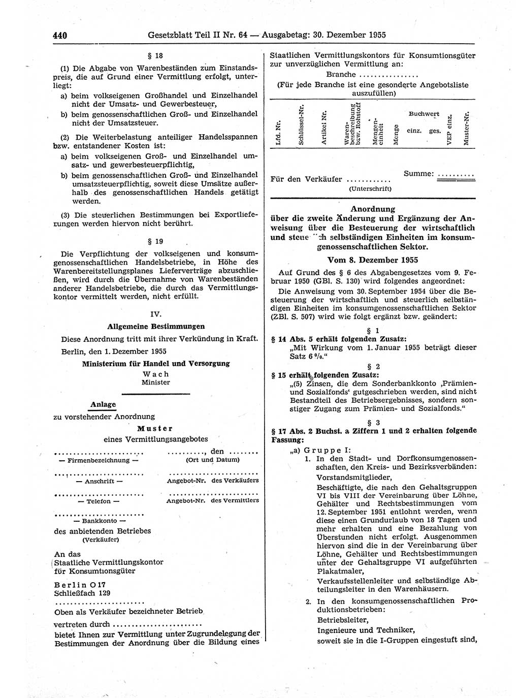 Gesetzblatt (GBl.) der Deutschen Demokratischen Republik (DDR) Teil ⅠⅠ 1955, Seite 440 (GBl. DDR ⅠⅠ 1955, S. 440)
