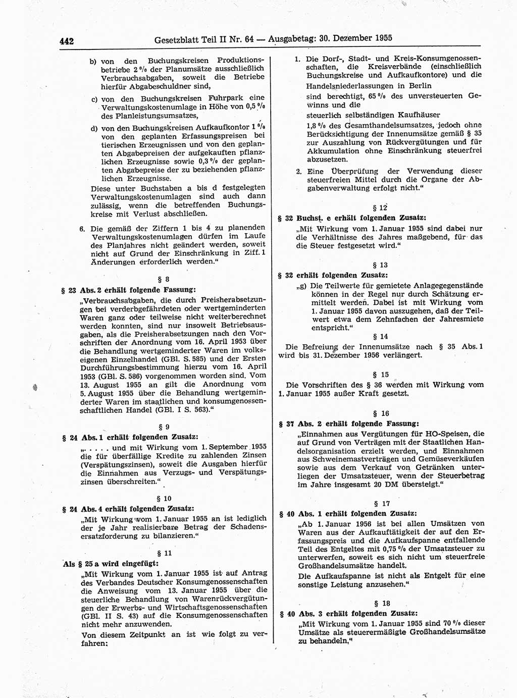 Gesetzblatt (GBl.) der Deutschen Demokratischen Republik (DDR) Teil ⅠⅠ 1955, Seite 442 (GBl. DDR ⅠⅠ 1955, S. 442)