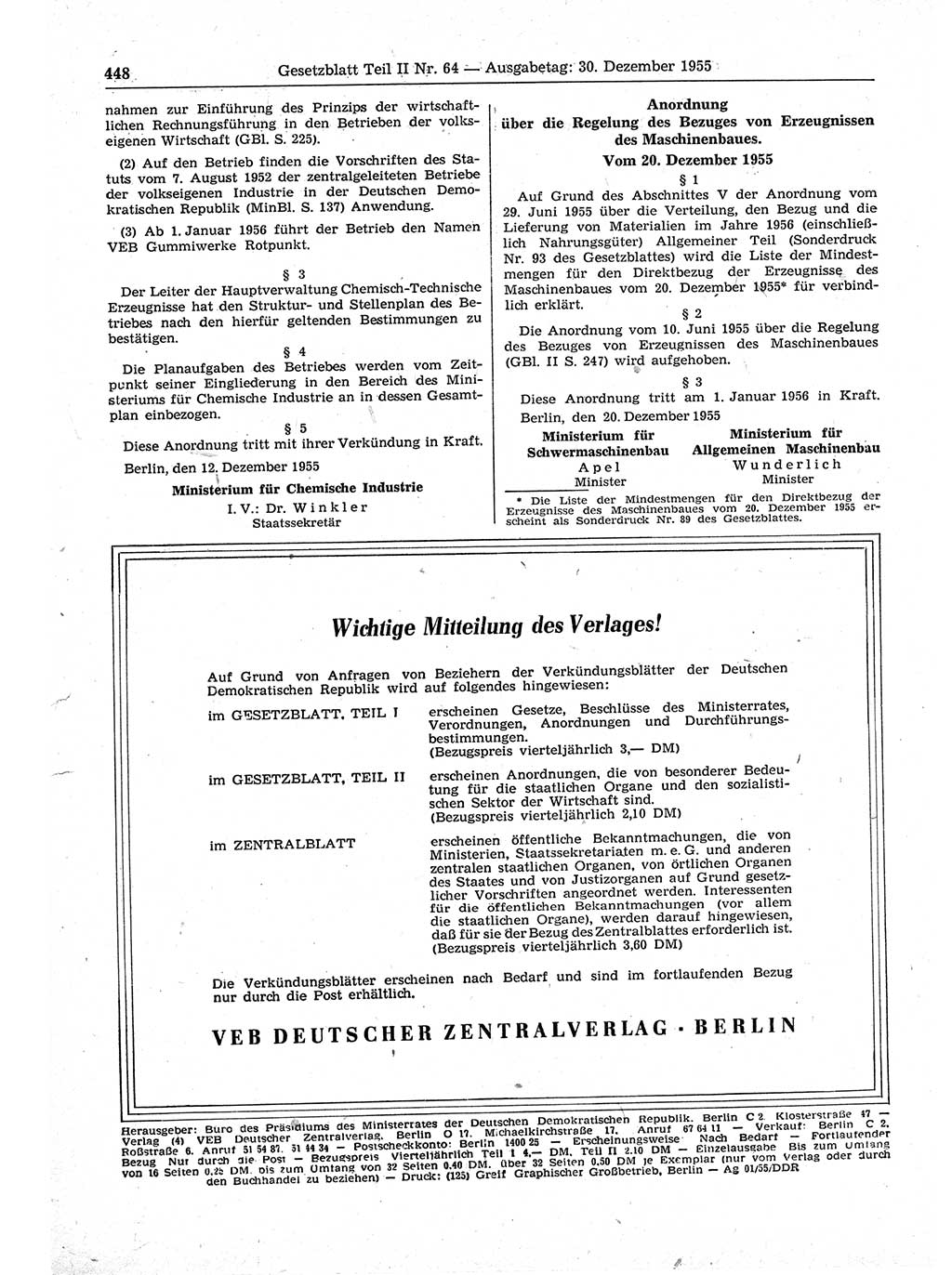 Gesetzblatt (GBl.) der Deutschen Demokratischen Republik (DDR) Teil ⅠⅠ 1955, Seite 448 (GBl. DDR ⅠⅠ 1955, S. 448)