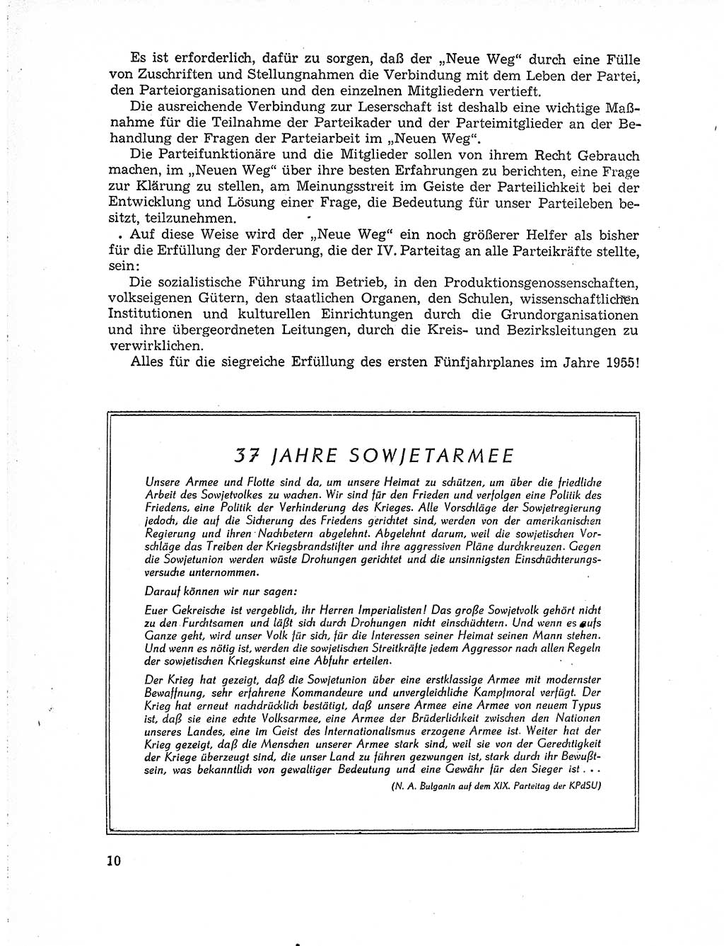 Neuer Weg (NW), Organ des Zentralkomitees (ZK) der SED (Sozialistische Einheitspartei Deutschlands) für Fragen des Parteiaufbaus und des Parteilebens, 10. Jahrgang [Deutsche Demokratische Republik (DDR)] 1955, Seite 10 (NW ZK SED DDR 1955, S. 10)