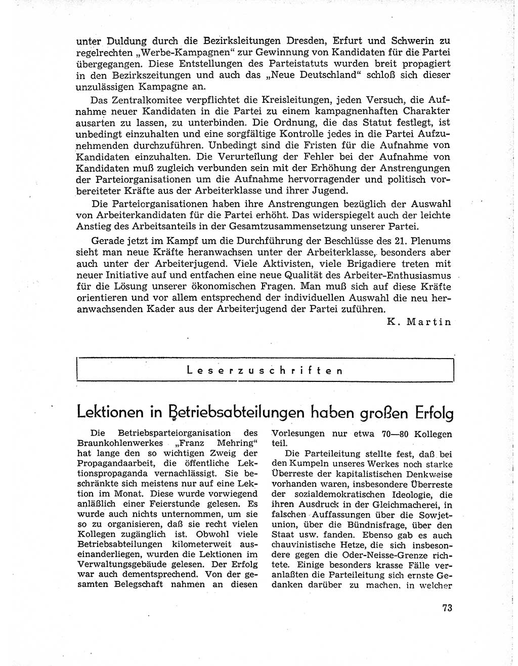 Neuer Weg (NW), Organ des Zentralkomitees (ZK) der SED (Sozialistische Einheitspartei Deutschlands) für Fragen des Parteiaufbaus und des Parteilebens, 10. Jahrgang [Deutsche Demokratische Republik (DDR)] 1955, Seite 73 (NW ZK SED DDR 1955, S. 73)