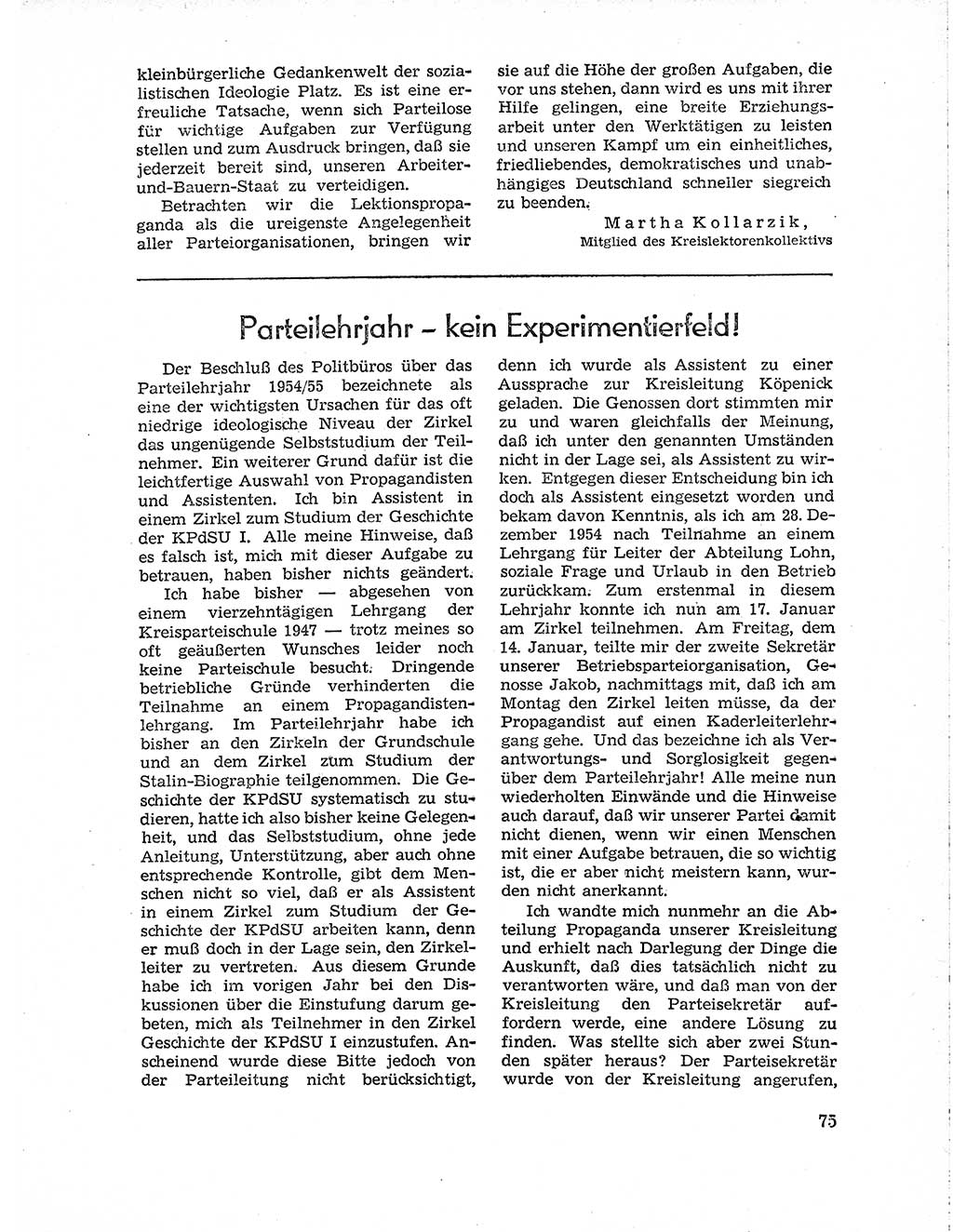 Neuer Weg (NW), Organ des Zentralkomitees (ZK) der SED (Sozialistische Einheitspartei Deutschlands) für Fragen des Parteiaufbaus und des Parteilebens, 10. Jahrgang [Deutsche Demokratische Republik (DDR)] 1955, Seite 75 (NW ZK SED DDR 1955, S. 75)