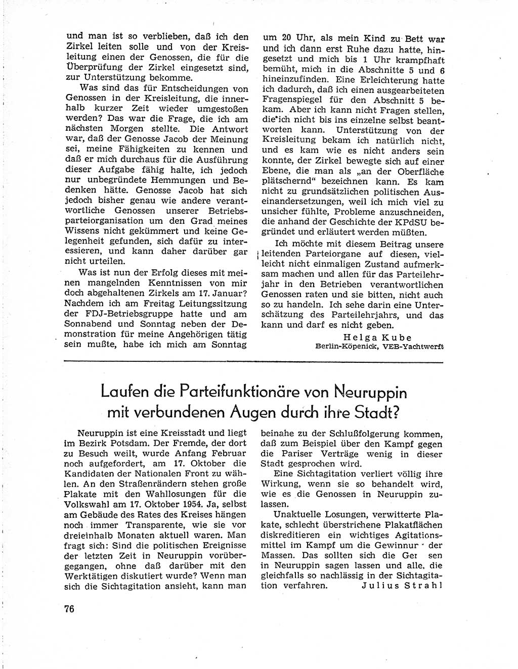 Neuer Weg (NW), Organ des Zentralkomitees (ZK) der SED (Sozialistische Einheitspartei Deutschlands) für Fragen des Parteiaufbaus und des Parteilebens, 10. Jahrgang [Deutsche Demokratische Republik (DDR)] 1955, Seite 76 (NW ZK SED DDR 1955, S. 76)