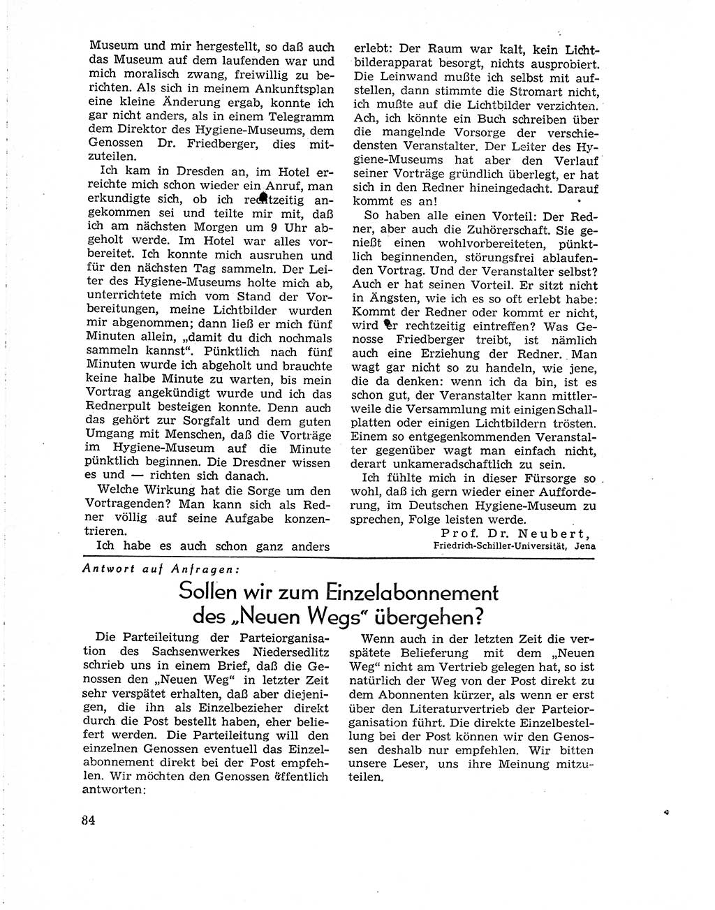 Neuer Weg (NW), Organ des Zentralkomitees (ZK) der SED (Sozialistische Einheitspartei Deutschlands) für Fragen des Parteiaufbaus und des Parteilebens, 10. Jahrgang [Deutsche Demokratische Republik (DDR)] 1955, Seite 84 (NW ZK SED DDR 1955, S. 84)