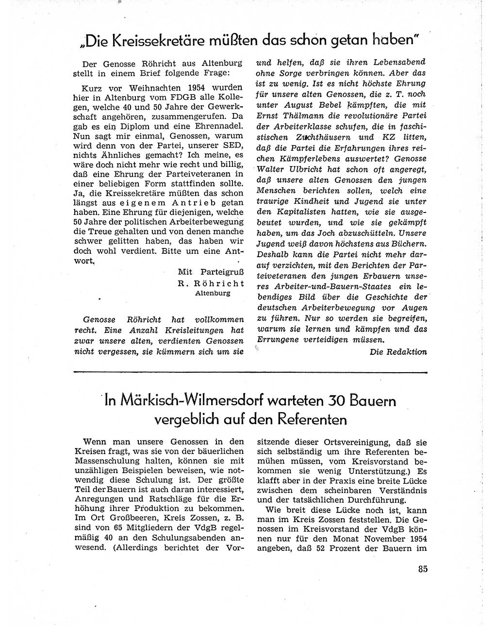 Neuer Weg (NW), Organ des Zentralkomitees (ZK) der SED (Sozialistische Einheitspartei Deutschlands) für Fragen des Parteiaufbaus und des Parteilebens, 10. Jahrgang [Deutsche Demokratische Republik (DDR)] 1955, Seite 85 (NW ZK SED DDR 1955, S. 85)