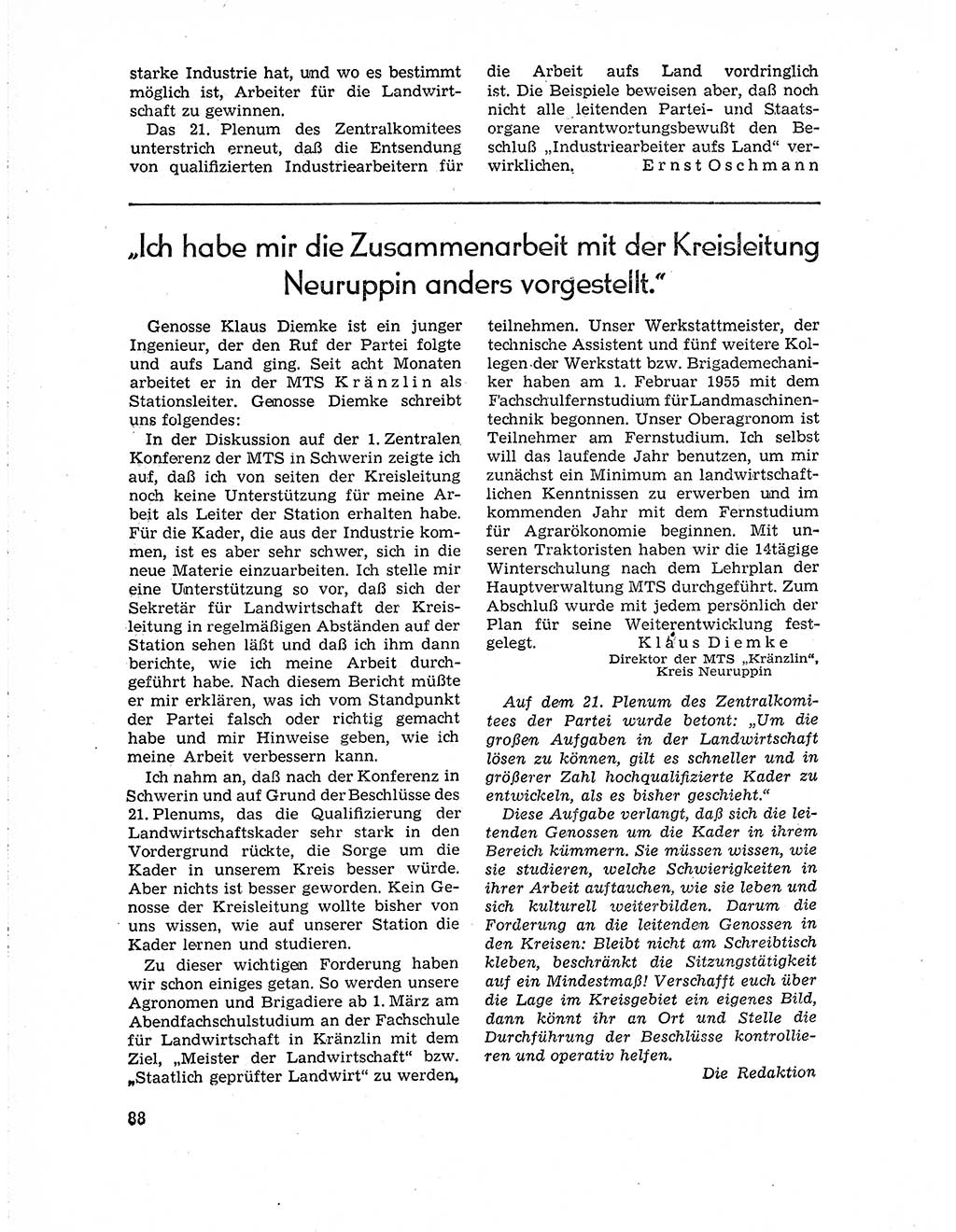 Neuer Weg (NW), Organ des Zentralkomitees (ZK) der SED (Sozialistische Einheitspartei Deutschlands) für Fragen des Parteiaufbaus und des Parteilebens, 10. Jahrgang [Deutsche Demokratische Republik (DDR)] 1955, Seite 88 (NW ZK SED DDR 1955, S. 88)