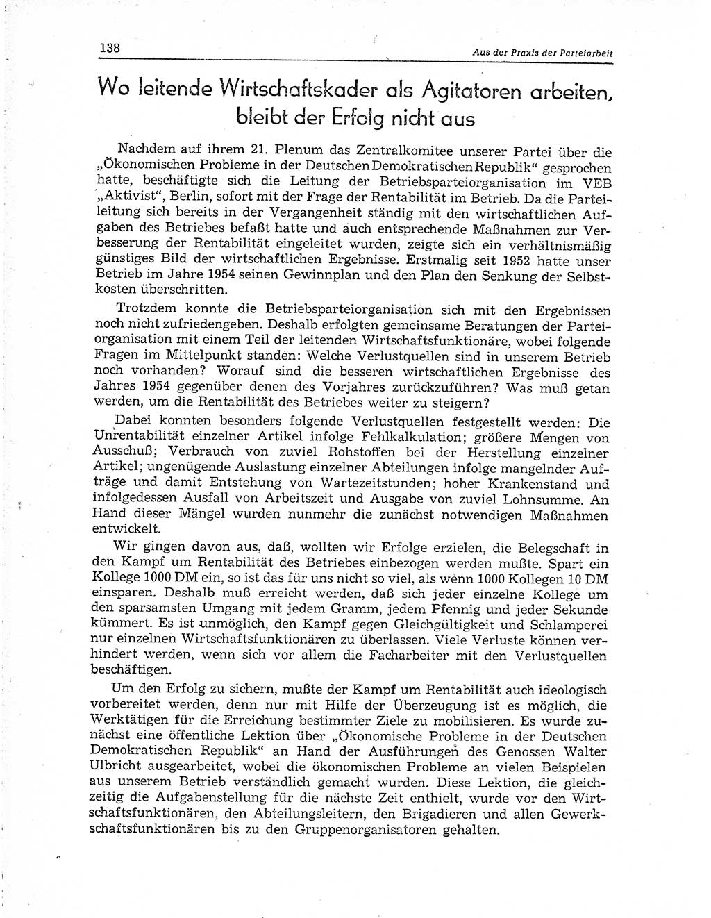 Neuer Weg (NW), Organ des Zentralkomitees (ZK) der SED (Sozialistische Einheitspartei Deutschlands) für Fragen des Parteiaufbaus und des Parteilebens, 10. Jahrgang [Deutsche Demokratische Republik (DDR)] 1955, Seite 138 (NW ZK SED DDR 1955, S. 138)