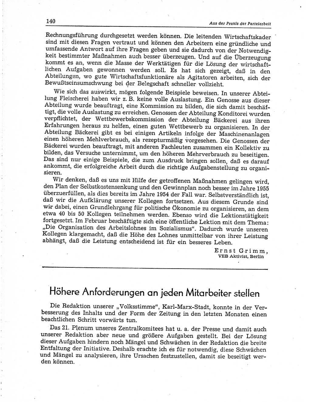 Neuer Weg (NW), Organ des Zentralkomitees (ZK) der SED (Sozialistische Einheitspartei Deutschlands) für Fragen des Parteiaufbaus und des Parteilebens, 10. Jahrgang [Deutsche Demokratische Republik (DDR)] 1955, Seite 140 (NW ZK SED DDR 1955, S. 140)