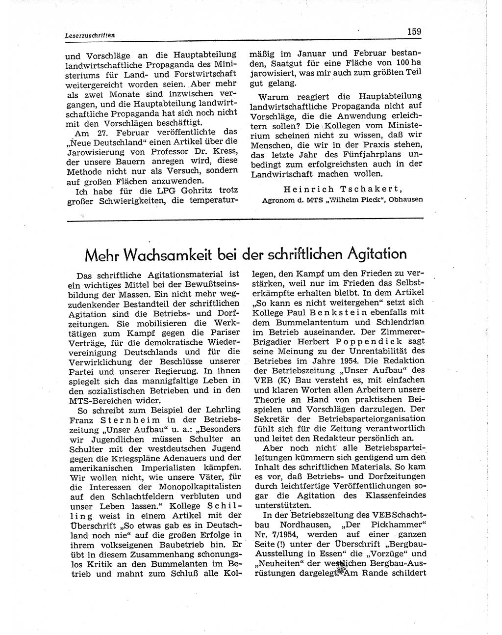Neuer Weg (NW), Organ des Zentralkomitees (ZK) der SED (Sozialistische Einheitspartei Deutschlands) für Fragen des Parteiaufbaus und des Parteilebens, 10. Jahrgang [Deutsche Demokratische Republik (DDR)] 1955, Seite 159 (NW ZK SED DDR 1955, S. 159)