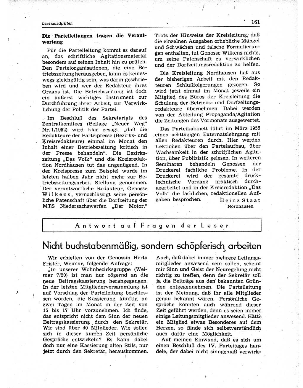 Neuer Weg (NW), Organ des Zentralkomitees (ZK) der SED (Sozialistische Einheitspartei Deutschlands) für Fragen des Parteiaufbaus und des Parteilebens, 10. Jahrgang [Deutsche Demokratische Republik (DDR)] 1955, Seite 161 (NW ZK SED DDR 1955, S. 161)