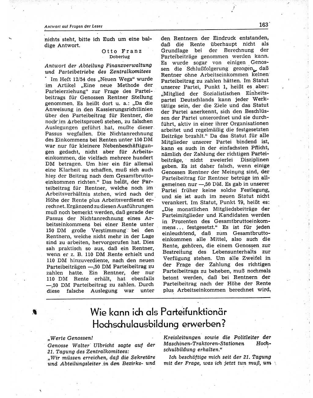 Neuer Weg (NW), Organ des Zentralkomitees (ZK) der SED (Sozialistische Einheitspartei Deutschlands) für Fragen des Parteiaufbaus und des Parteilebens, 10. Jahrgang [Deutsche Demokratische Republik (DDR)] 1955, Seite 163 (NW ZK SED DDR 1955, S. 163)