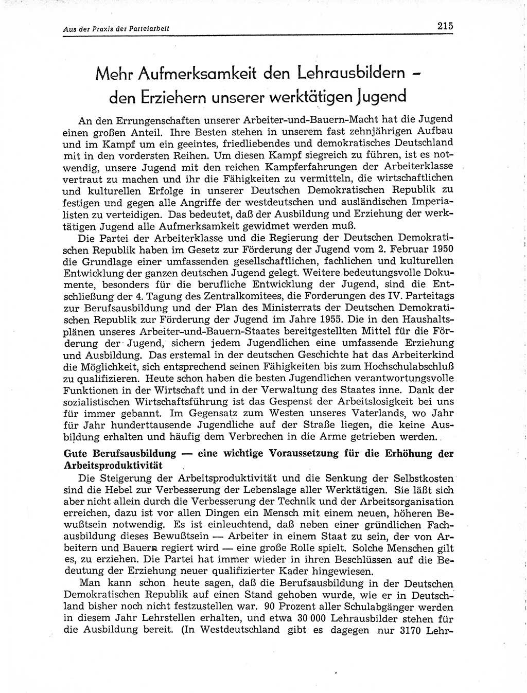 Neuer Weg (NW), Organ des Zentralkomitees (ZK) der SED (Sozialistische Einheitspartei Deutschlands) für Fragen des Parteiaufbaus und des Parteilebens, 10. Jahrgang [Deutsche Demokratische Republik (DDR)] 1955, Seite 215 (NW ZK SED DDR 1955, S. 215)