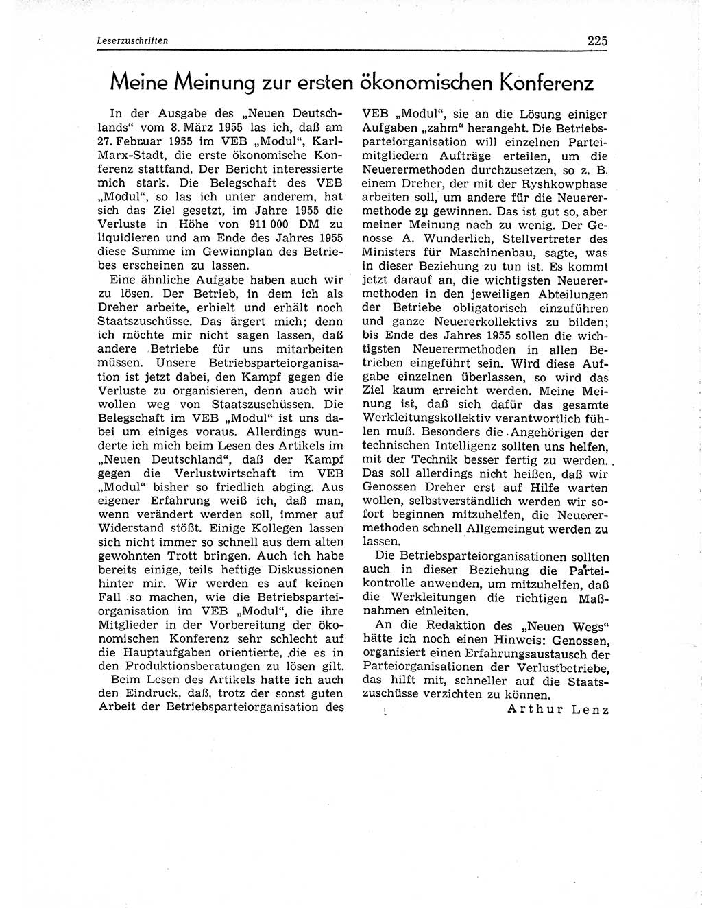 Neuer Weg (NW), Organ des Zentralkomitees (ZK) der SED (Sozialistische Einheitspartei Deutschlands) für Fragen des Parteiaufbaus und des Parteilebens, 10. Jahrgang [Deutsche Demokratische Republik (DDR)] 1955, Seite 225 (NW ZK SED DDR 1955, S. 225)