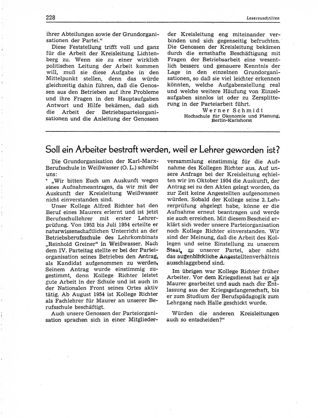 Neuer Weg (NW), Organ des Zentralkomitees (ZK) der SED (Sozialistische Einheitspartei Deutschlands) für Fragen des Parteiaufbaus und des Parteilebens, 10. Jahrgang [Deutsche Demokratische Republik (DDR)] 1955, Seite 228 (NW ZK SED DDR 1955, S. 228)