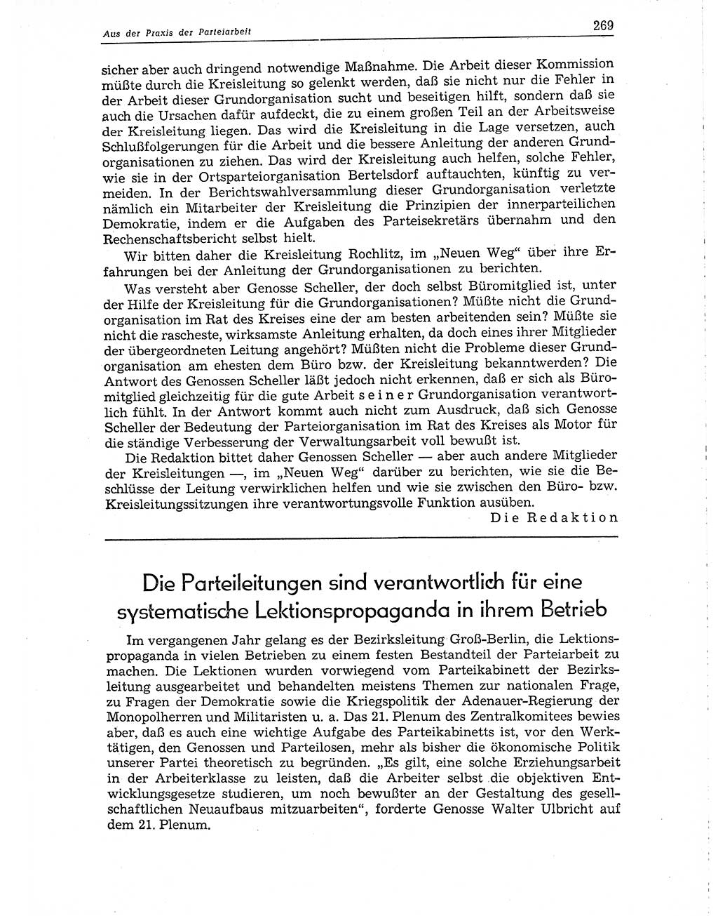 Neuer Weg (NW), Organ des Zentralkomitees (ZK) der SED (Sozialistische Einheitspartei Deutschlands) für Fragen des Parteiaufbaus und des Parteilebens, 10. Jahrgang [Deutsche Demokratische Republik (DDR)] 1955, Seite 269 (NW ZK SED DDR 1955, S. 269)
