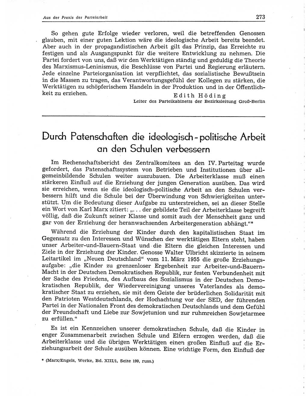 Neuer Weg (NW), Organ des Zentralkomitees (ZK) der SED (Sozialistische Einheitspartei Deutschlands) für Fragen des Parteiaufbaus und des Parteilebens, 10. Jahrgang [Deutsche Demokratische Republik (DDR)] 1955, Seite 273 (NW ZK SED DDR 1955, S. 273)