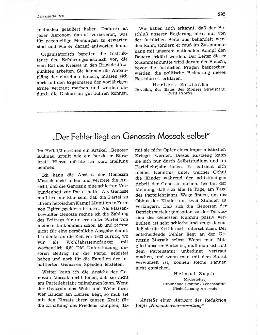 Neuer Weg (NW), Organ des Zentralkomitees (ZK) der SED (Sozialistische Einheitspartei Deutschlands) für Fragen des Parteiaufbaus und des Parteilebens, 10. Jahrgang [Deutsche Demokratische Republik (DDR)] 1955, Seite 295 (NW ZK SED DDR 1955, S. 295)