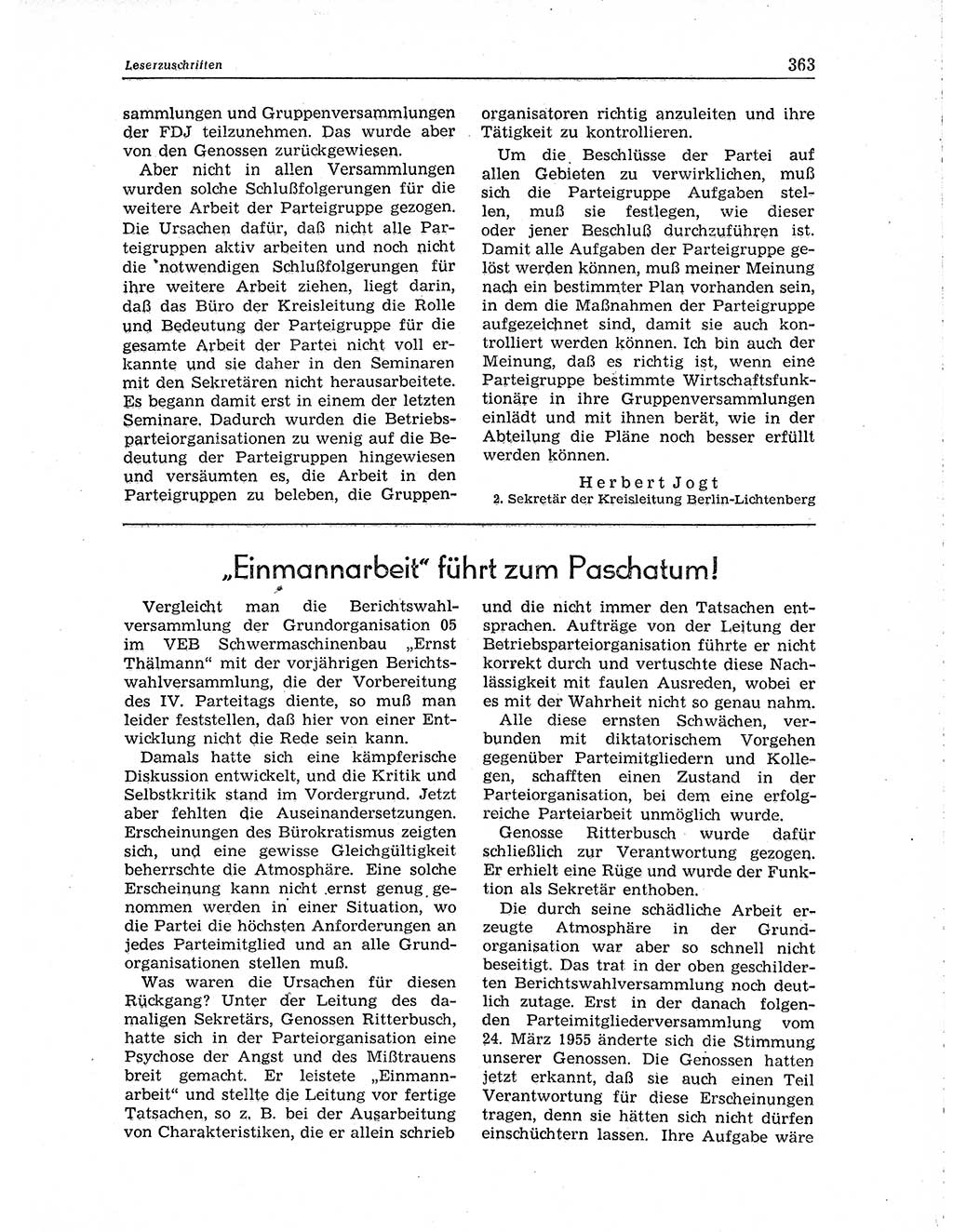 Neuer Weg (NW), Organ des Zentralkomitees (ZK) der SED (Sozialistische Einheitspartei Deutschlands) für Fragen des Parteiaufbaus und des Parteilebens, 10. Jahrgang [Deutsche Demokratische Republik (DDR)] 1955, Seite 363 (NW ZK SED DDR 1955, S. 363)
