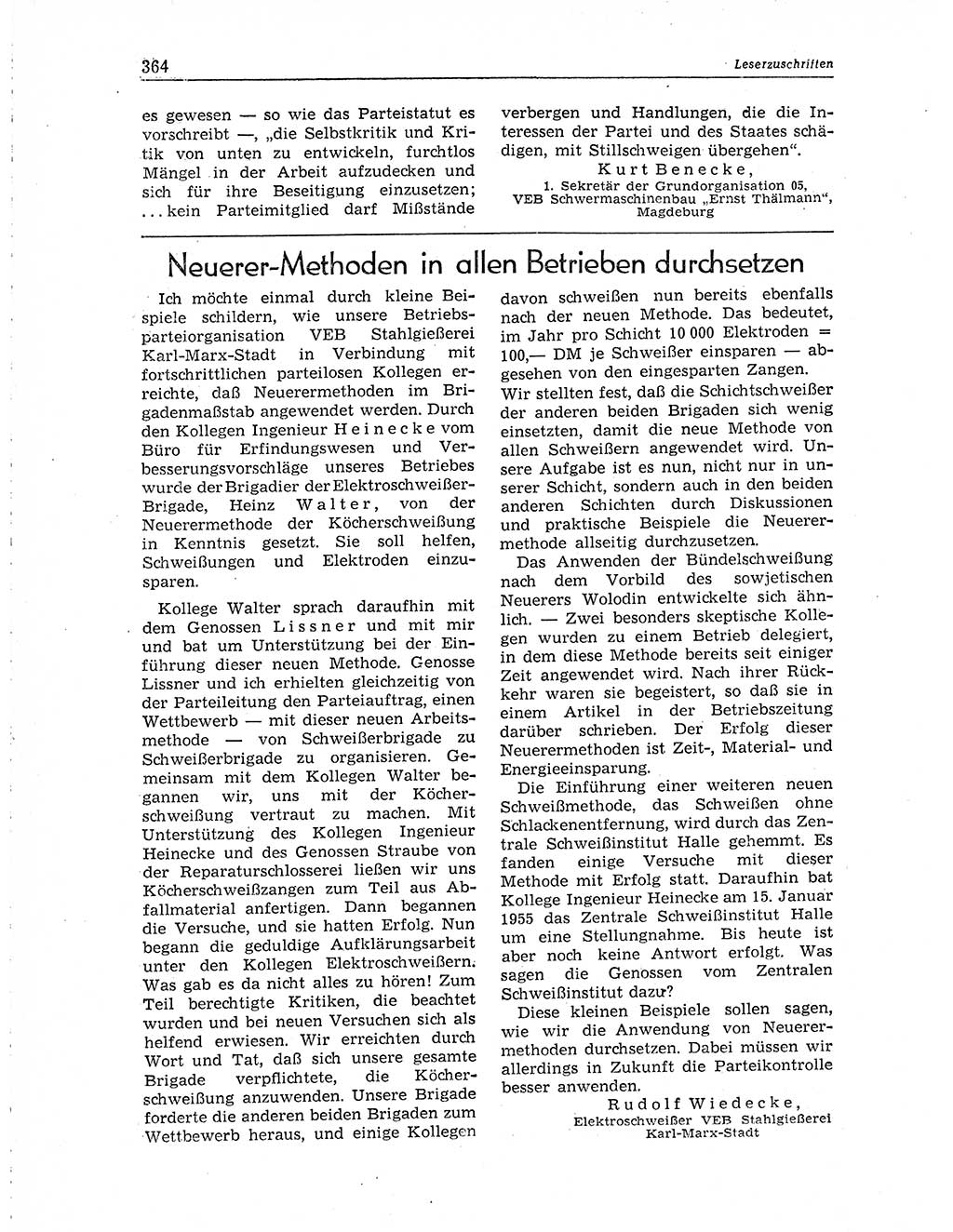 Neuer Weg (NW), Organ des Zentralkomitees (ZK) der SED (Sozialistische Einheitspartei Deutschlands) für Fragen des Parteiaufbaus und des Parteilebens, 10. Jahrgang [Deutsche Demokratische Republik (DDR)] 1955, Seite 364 (NW ZK SED DDR 1955, S. 364)