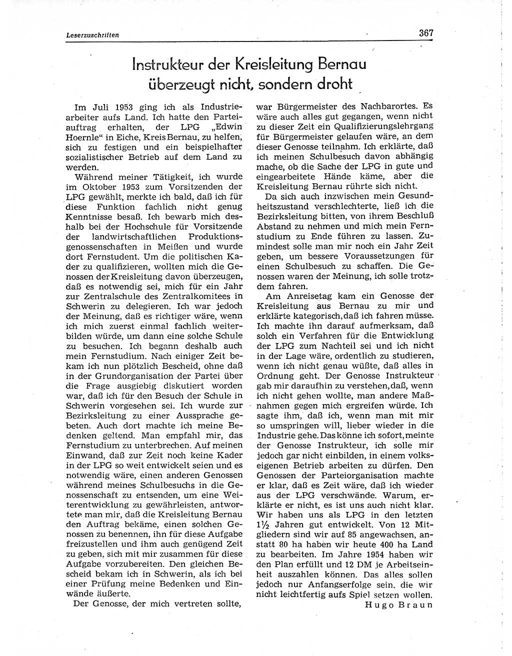 Neuer Weg (NW), Organ des Zentralkomitees (ZK) der SED (Sozialistische Einheitspartei Deutschlands) für Fragen des Parteiaufbaus und des Parteilebens, 10. Jahrgang [Deutsche Demokratische Republik (DDR)] 1955, Seite 367 (NW ZK SED DDR 1955, S. 367)