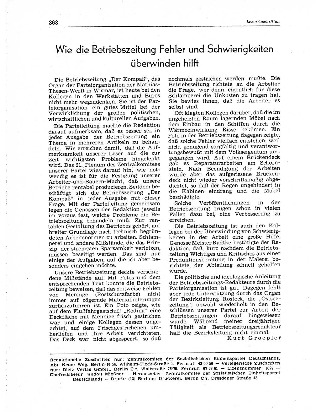 Neuer Weg (NW), Organ des Zentralkomitees (ZK) der SED (Sozialistische Einheitspartei Deutschlands) für Fragen des Parteiaufbaus und des Parteilebens, 10. Jahrgang [Deutsche Demokratische Republik (DDR)] 1955, Seite 368 (NW ZK SED DDR 1955, S. 368)