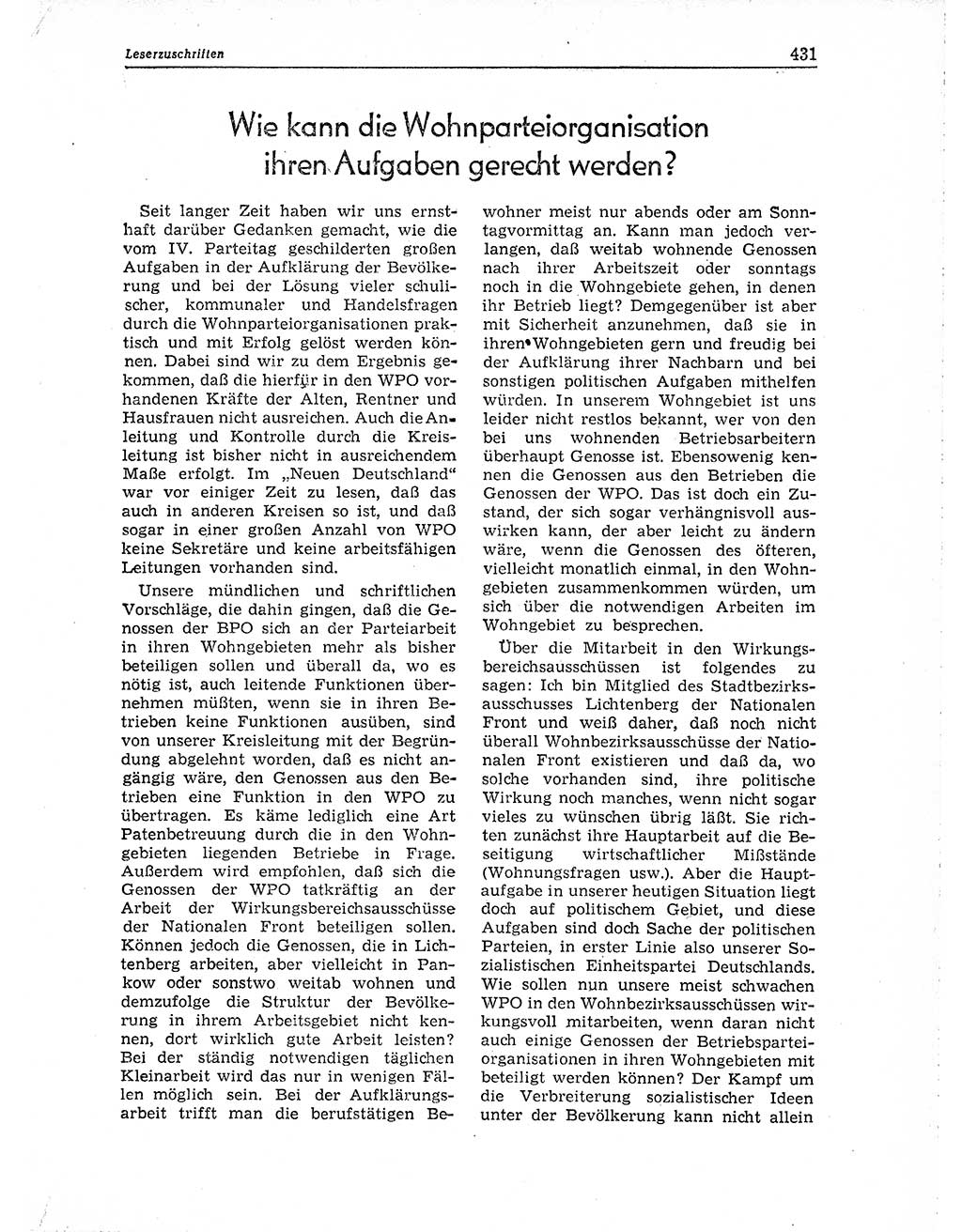 Neuer Weg (NW), Organ des Zentralkomitees (ZK) der SED (Sozialistische Einheitspartei Deutschlands) für Fragen des Parteiaufbaus und des Parteilebens, 10. Jahrgang [Deutsche Demokratische Republik (DDR)] 1955, Seite 431 (NW ZK SED DDR 1955, S. 431)